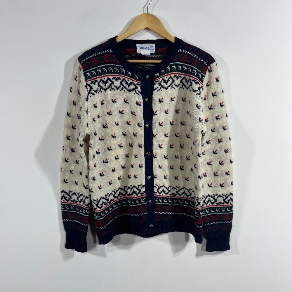 Deans of Scotland Vintage Shetland Wool Nordic Fair Isle Cardigan Sweater Large